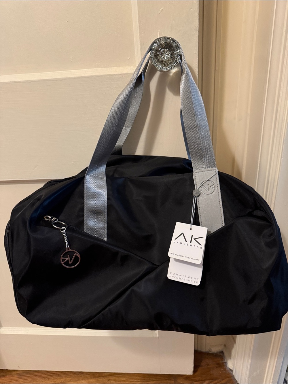 Black Dance Duffel about 22x12x10 AK Dancewear NWT with Silver Handles